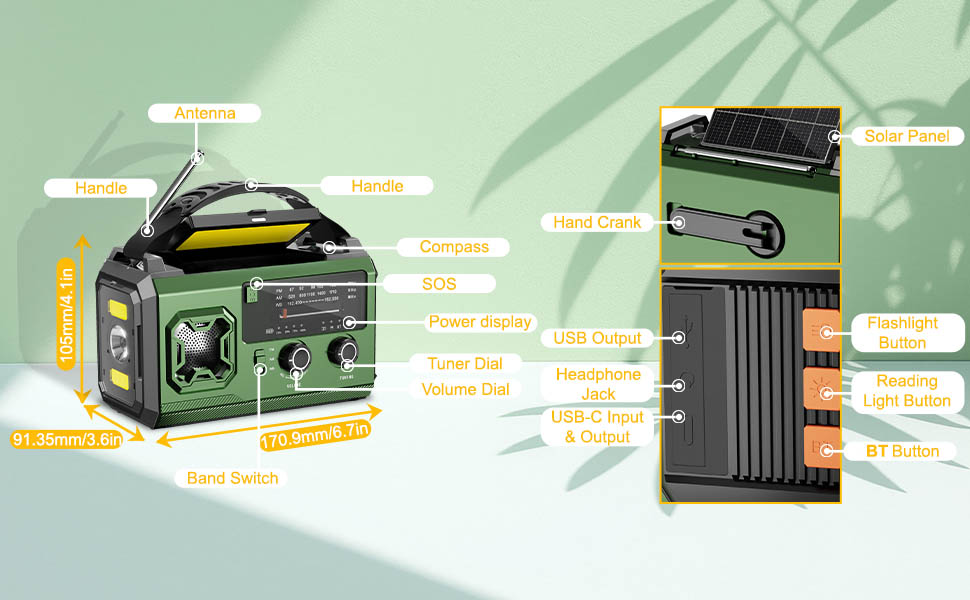 Радіо Kurbelradio на сонячній батареї 27000mAh з Bluetooth, FM/AM, SOS-сигналом, ліхтариком та компасом для кемпінгу та надзвичайних ситуацій (армійсько-зелене)