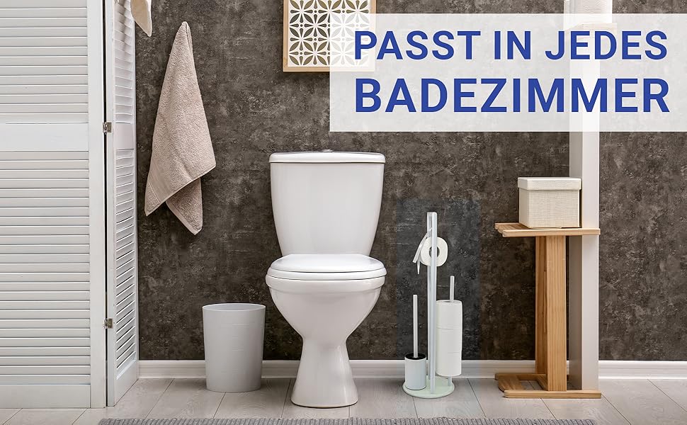 Набір для туалету WENKO Ravina 3-в-1, білий: щітка, тримач туалетного паперу, місце для 3 рулонів | Нержавіюча сталь та скло | 20 x 70 см