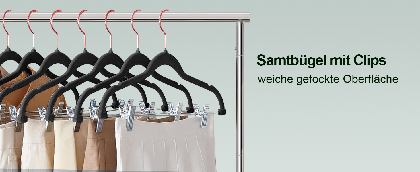 Набір вішалок для штанів Stormix 24 шт., 42 см, з кліпсами, протиковзкі, для штанів, спідниць, суконь, курток, пальто, чорні (гачки рожевого золота)