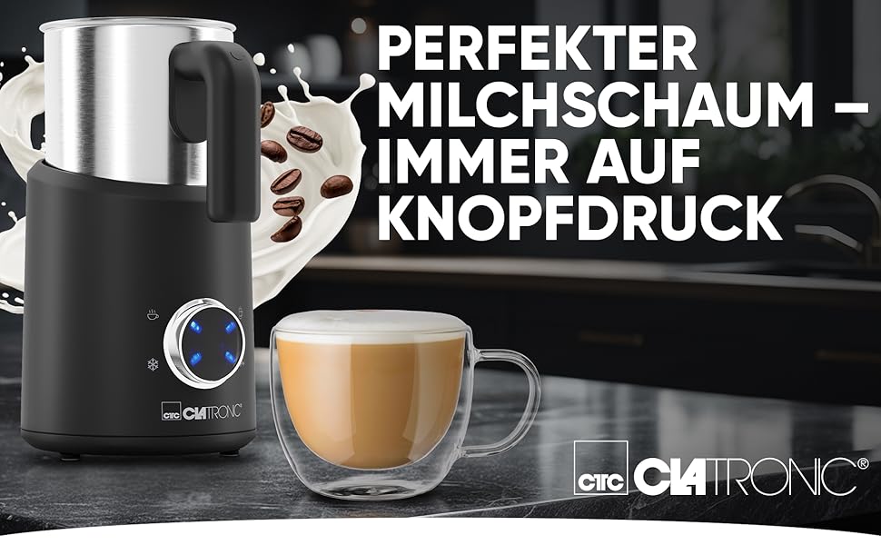 Електричний пінозбивач Clatronic® MS 3812 | з нагріванням | для теплого та холодного пінo | 740 мл | Чорний-inox | Модель 2024