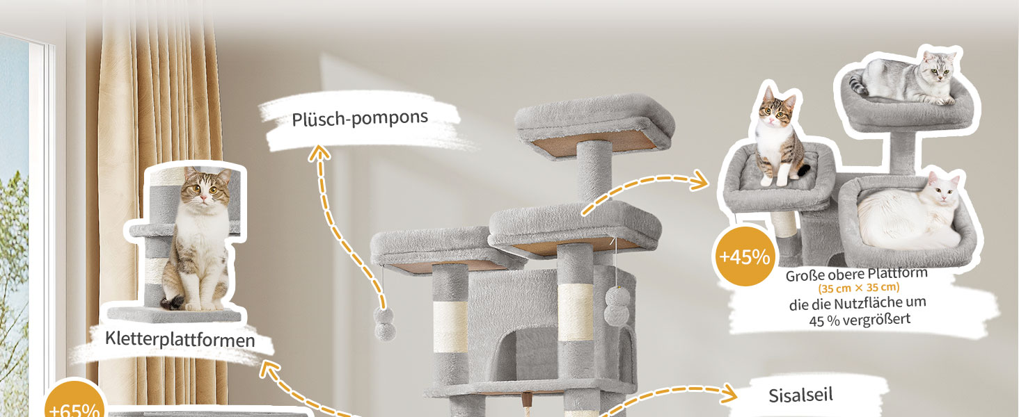 Кігтеточка для котів Hzuaneri, 176 см, XL, 3 платформи, 2 печери, 7 стовпчиків, гамак, плюшеві кульки, для багатокотових домівок, MS17618SG (Світло-сірий)