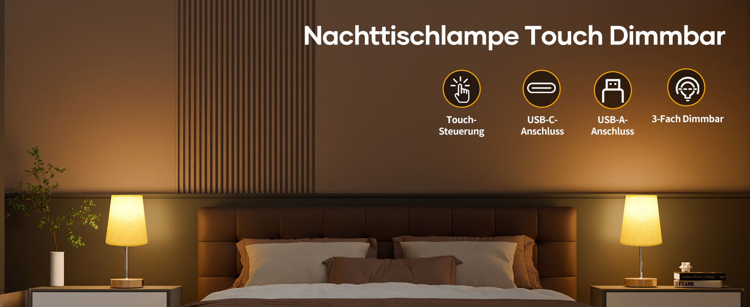 Нічна лампа Suright з торшером з льону, USB-портами A+C, регулюванням яскравості, дерев'яною основою, для спальні/вітальні (LED-лампочка в комплекті), Бежева