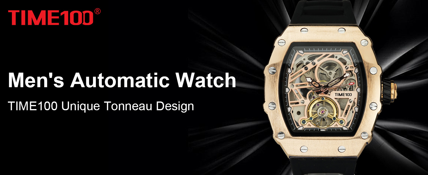 TIME100 Автоматичний годинник для чоловіків: водонепроникний, з підсвічуванням, серія Pilot, Angel Wing, бізнес-стиль, механічний годинник з шкіряним/силіконовим ремінцем, скелетний дизайн (чорний)