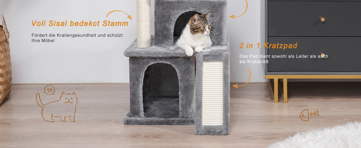 Котячий будиночок з когтеточкою PETEPELA з сизалевим мотузком, плюшевою лежаком та ігровим будинком для котів, сірий, 90 см