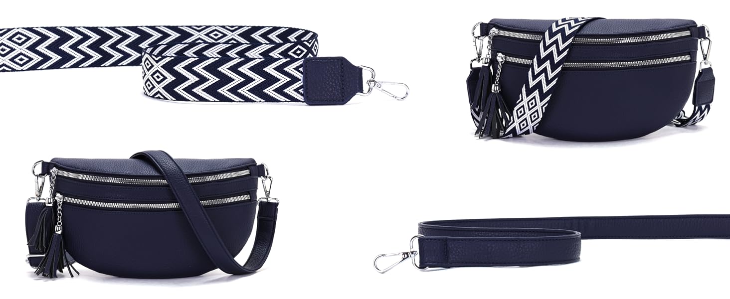 Сумка поясна жіноча бежева через плече кросбоді середнього розміру з відділенням для карток та 2 ремінцями, жіноча сумка (Темно-синя)