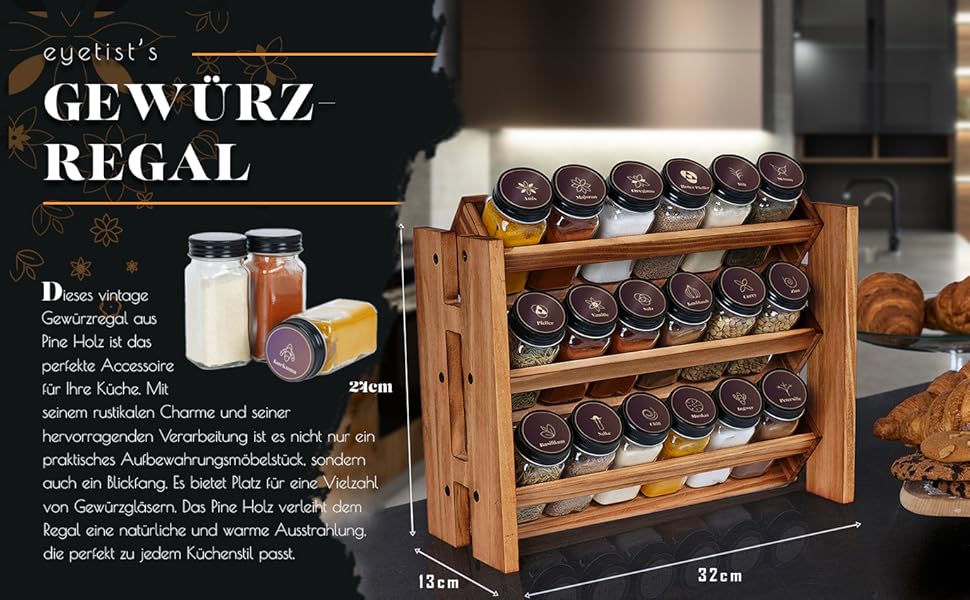Elegant dark spice rack, wood standing & wall-mounted, 18 spice jars, 25 labels. Spice organizer, spice rack, kitchen shelf, wood, vintage. Spice rack - spice rack system hanging - spice storage (pine wood)