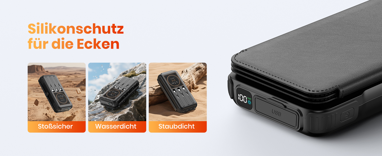 Power Bank Bilivein 25000mAh з сонячною зарядкою, 3 кабелі, 20W, LED, USB-C, для активного відпочинку