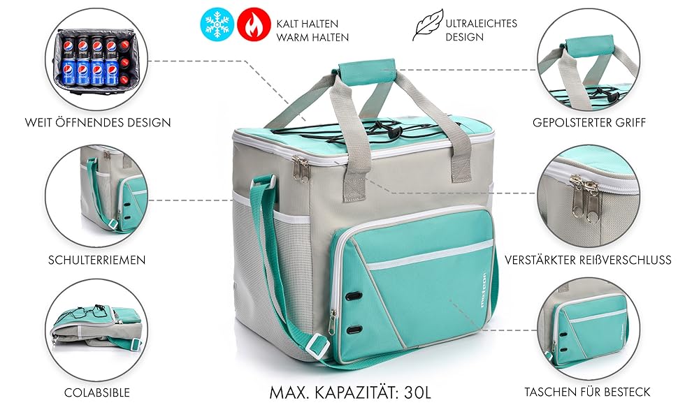 Термосумка 30 л - ідеальна для кемпінгу, пікніка, фестивалю, зберігання їжі та напоїв. Колір: морська хвиля