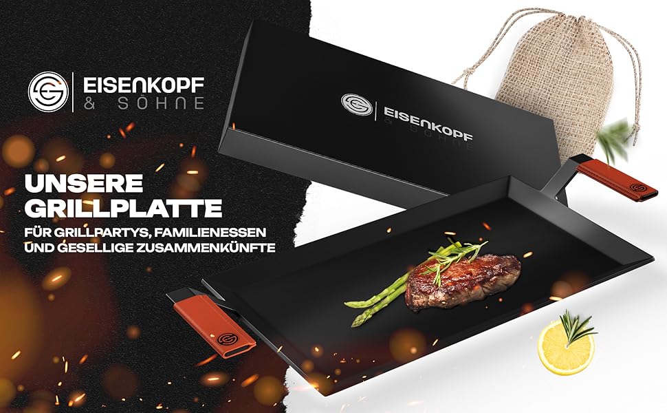 Гриль-планча EISENKOPF & SÖHNE 44x26 см, карбонова сталь 4 мм, з шкіряними ручками, для індукції, газу, духовки, Teppanyaki