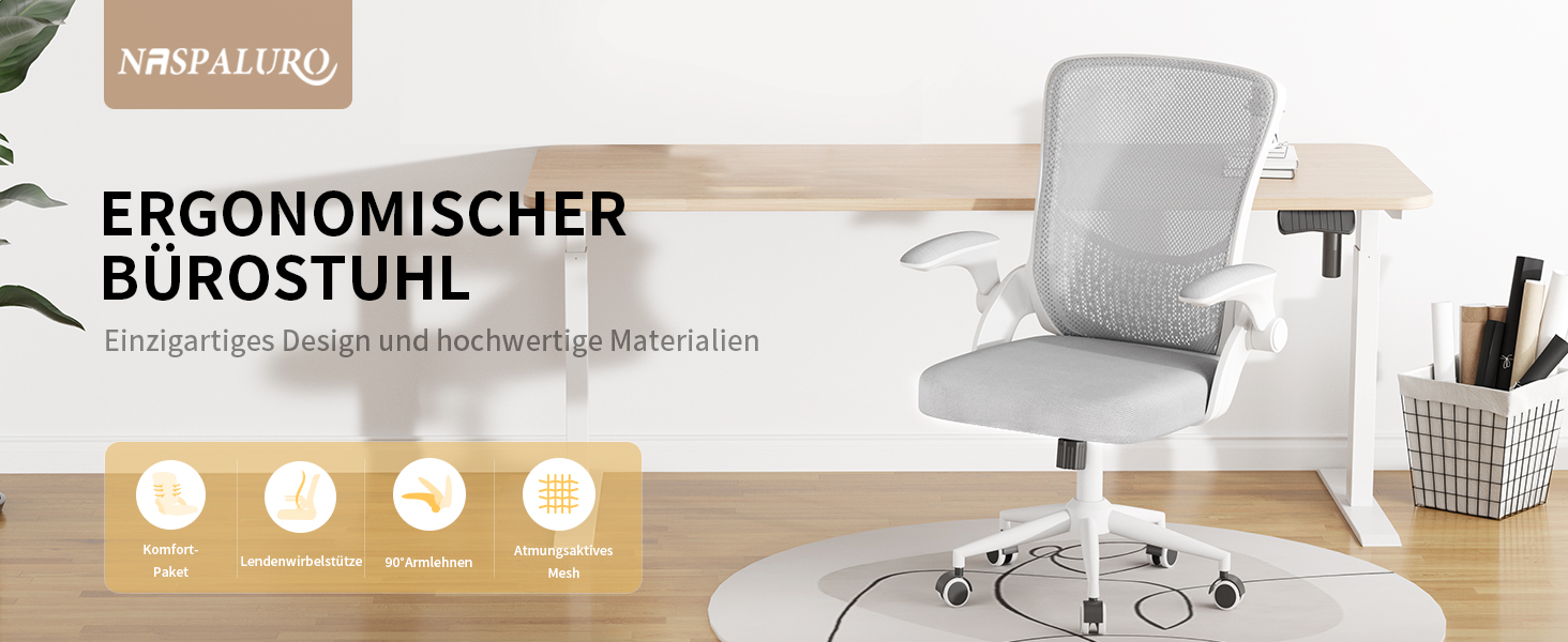 Офісний стіл Naspiro Ergonomischer Bürostuhl з регульованими підлокітниками, підтримкою попереку та дихаючою сіткою, сірий (без підголівника)