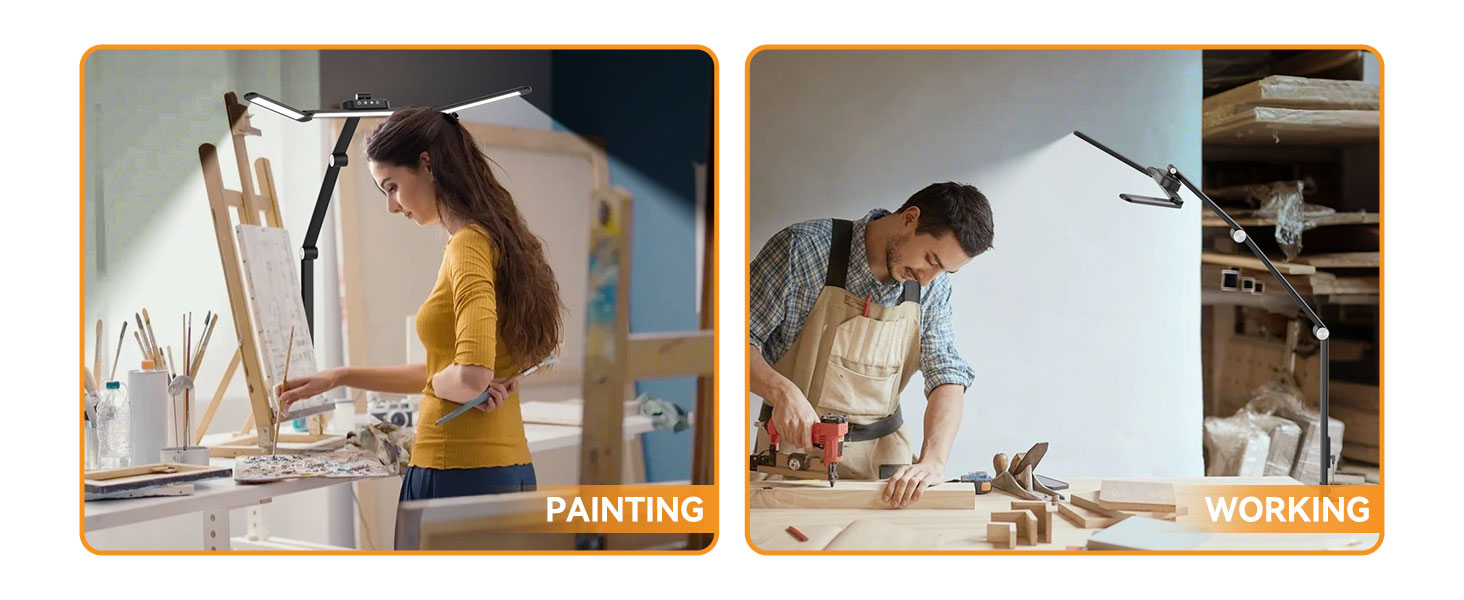 LED лампа для столу Rigors 60 см з двома головками, диммування, 900 лм, денне світло, захист очей, кріплення, 5 кольорів, 10 рівнів яскравості, гнучкий шийка 360°, з адаптером живлення (Th-black)