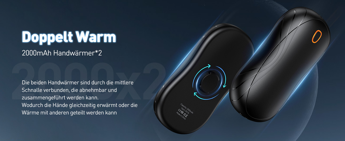 Електричні грілки для рук Cnkeeo, 2 шт. з роздільним магнітним з'єднанням, Powerbank USB, 3 режими нагріву, для активного відпочинку, риболовлі, полювання, чорно-білі (чорний)