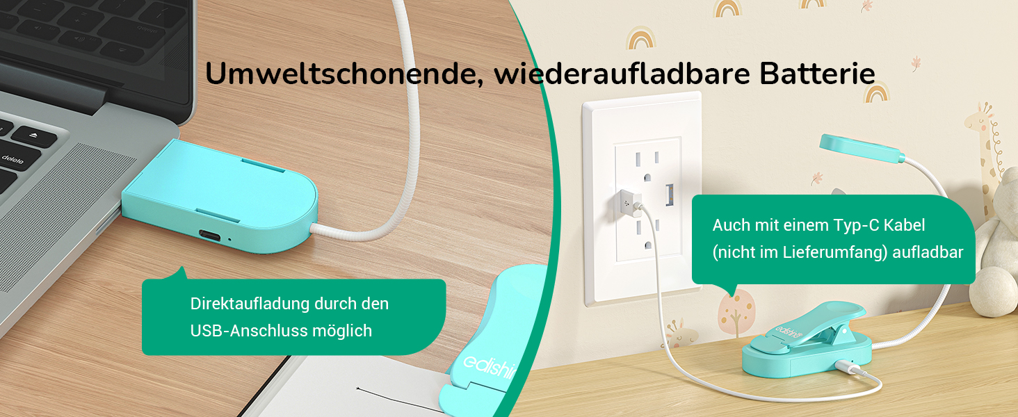 EDISHINE LED Кліпса для читання: USB-лампа з 3 кольорами та регулюванням яскравості, для дітей, для ліжка, авто, столу, кута. Захищає зір.