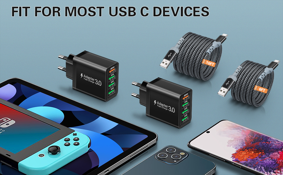 Зарядний пристрій USB 33W QC 3.0, 4 порти + 2 кабелі USB-C (2м/3м) для Samsung Galaxy, iPad Pro, LG, Sony - чорний/білий