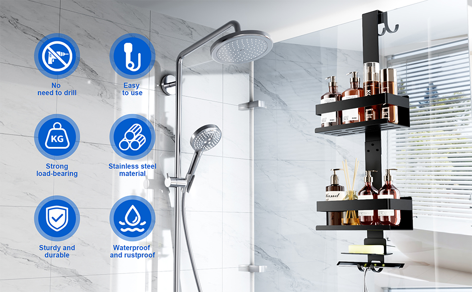 Поличка для душу без свердління, органайзер для ванної кімнати, чорна. Регульована поличка для шампуню та аксесуарів.