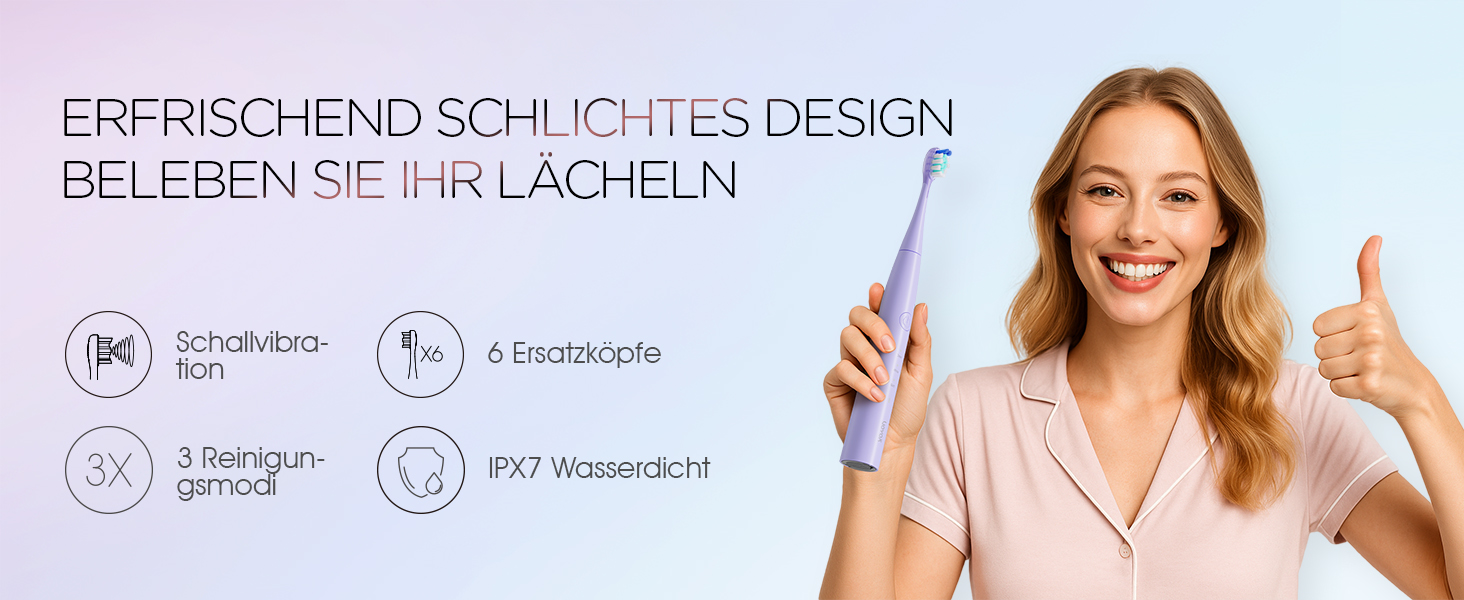Електрична звукова зубна щітка Ultraschall ET110 (ліловий) - 41000VPM, 70 днів роботи, 6 насадок, таймер, IPX7