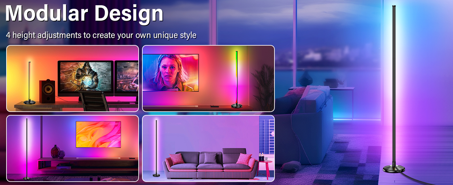 LED торшер для вітальні 145 см RGB, диммування, керування пультом/APP, 16 млн кольорів, 300 режимів, музичний режим, DIY, чорний