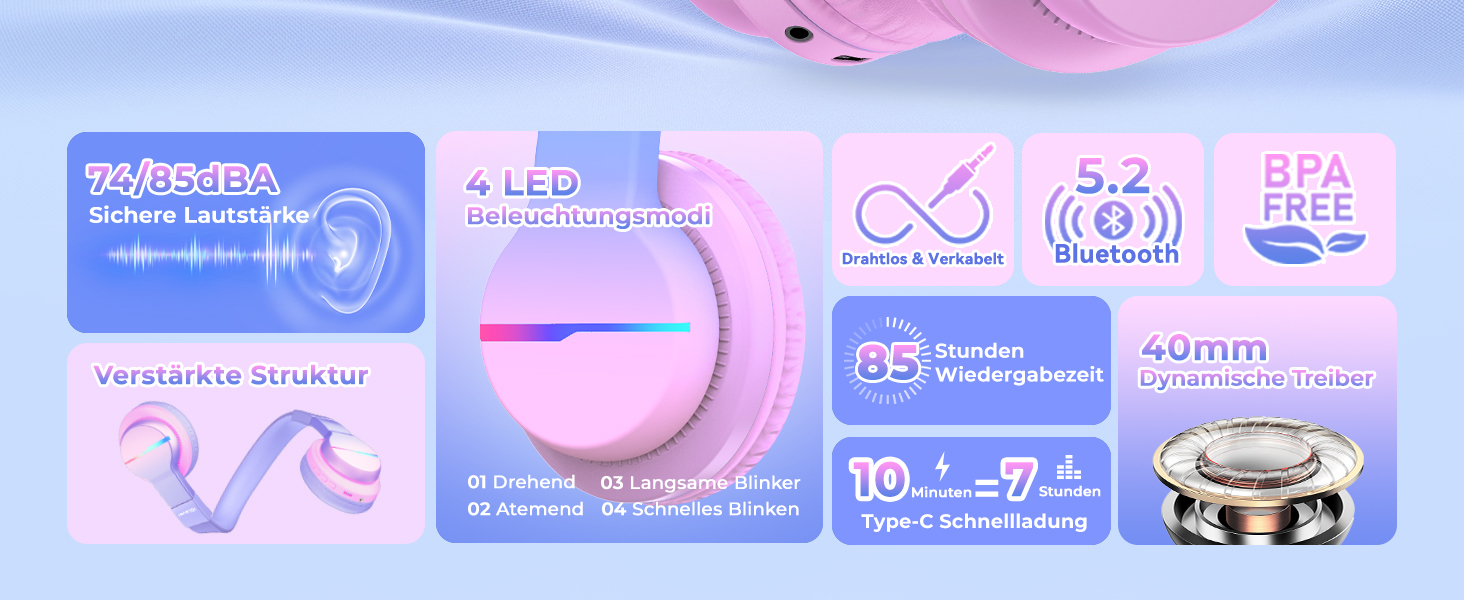 iClever Бездротові навушники для дітей з LED-підсвічуванням, Over-Ear, Bluetooth 5.2, мікрофон, рожевий градієнт, час роботи 85 годин