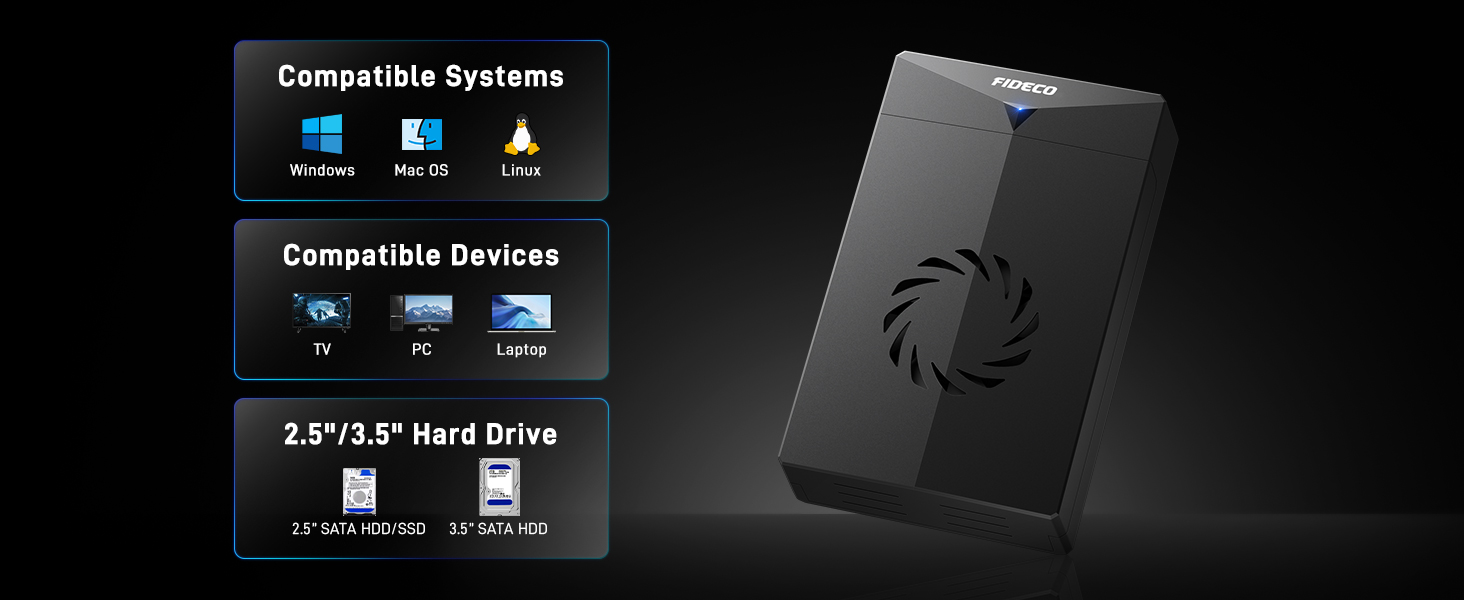 Док-станція FIDECO для HDD/SSD 2.5'' та 3.5'' SATA, USB 3.0 5Gbps, зовнішній корпус для жорстких дисків з вентилятором та підтримкою UASP