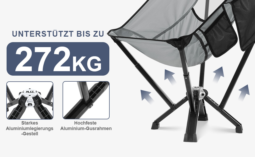 Зручний складаний стілець для кемпінгу NJZ, 200-600 lbs, міцний, легкий, з сумкою для перенесення. Ідеально для відпочинку на природі, риболовлі, саду та пікніків. Колір: сріблястий.