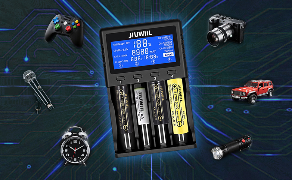Зарядний пристрій JIUWIIL для акумуляторів 18650, 26650, Li-ion, LiFePO4 з LCD-дисплеєм - 4 слоти, швидка зарядка