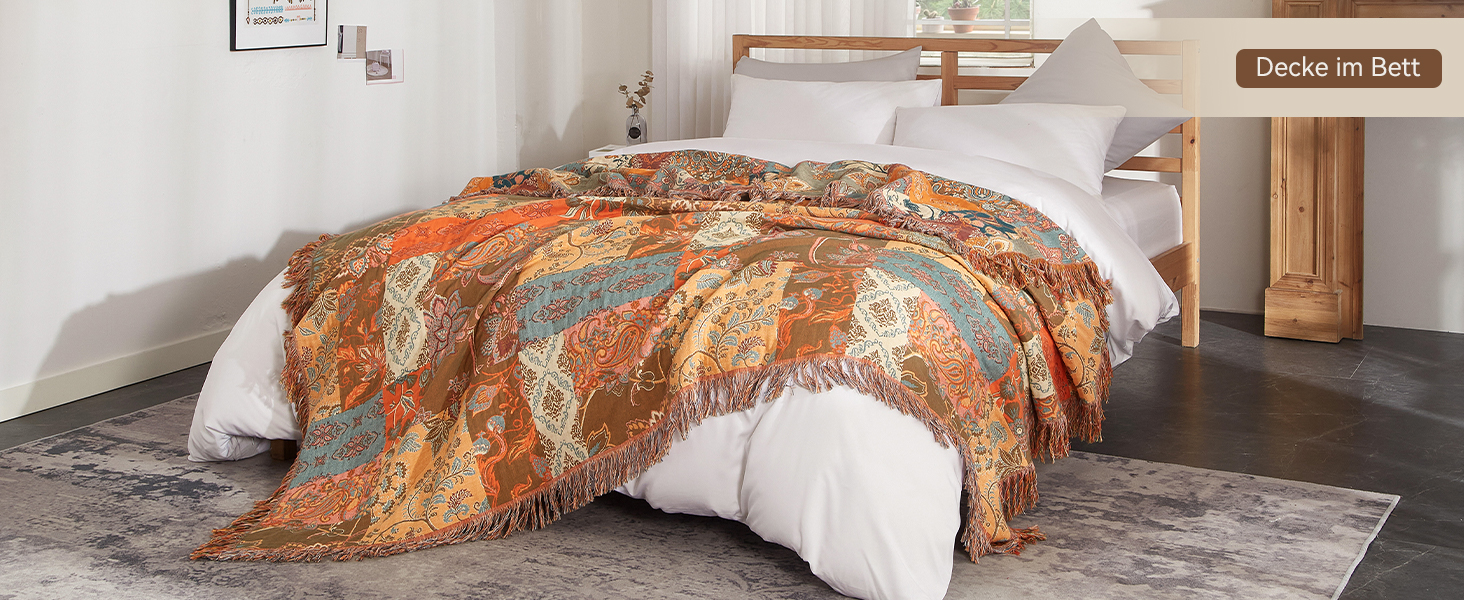 Богемна ковдра Boho Decke 100% бавовна – двостороння муслінова ковдра 150x200 см, м'яка ковдра для дивану та покривало на ліжко, естетичний дизайн, ідеально для вітальні та спальні, помаранчевий/зелений 150 x 200 см з квітковим візерунком