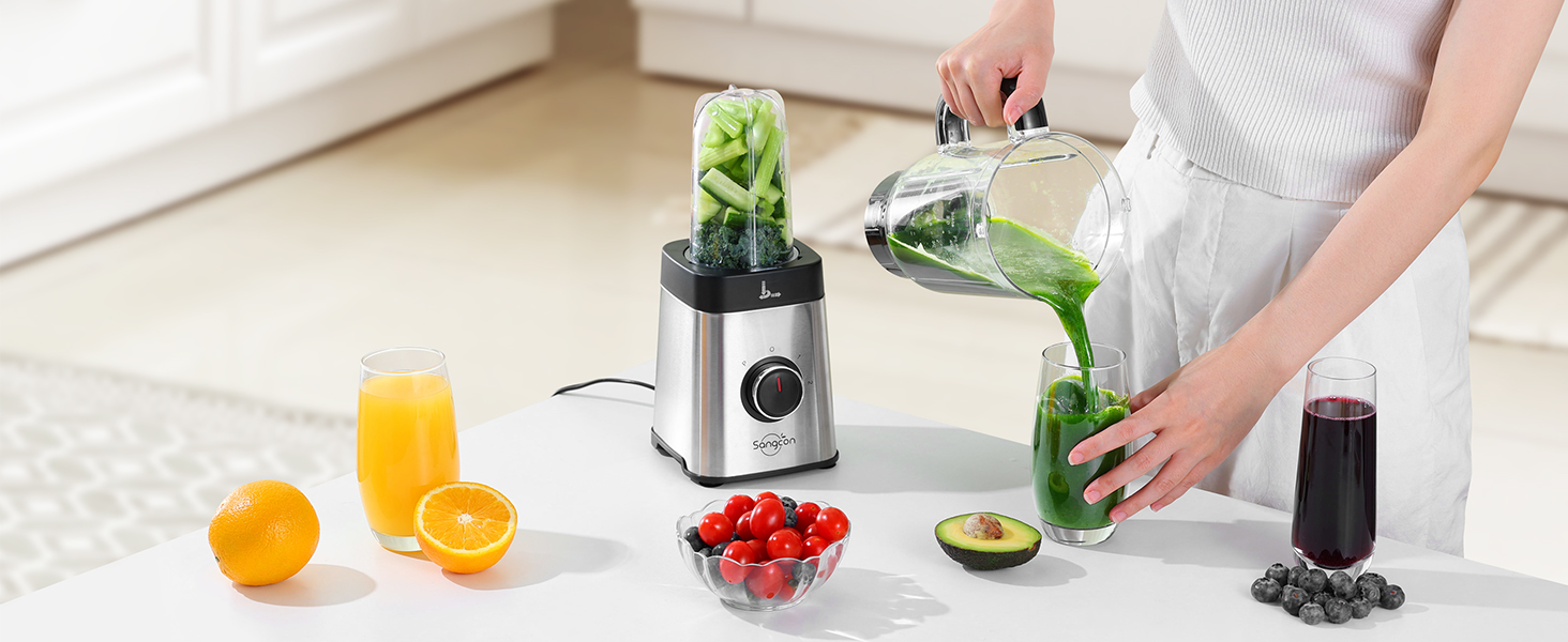 Sangcon 5-in-1 Stand Mixer & Smoothie Maker - 500W Power, 3 Speed Settings, Pulse Function, Glass & Stainless Steel Cups
