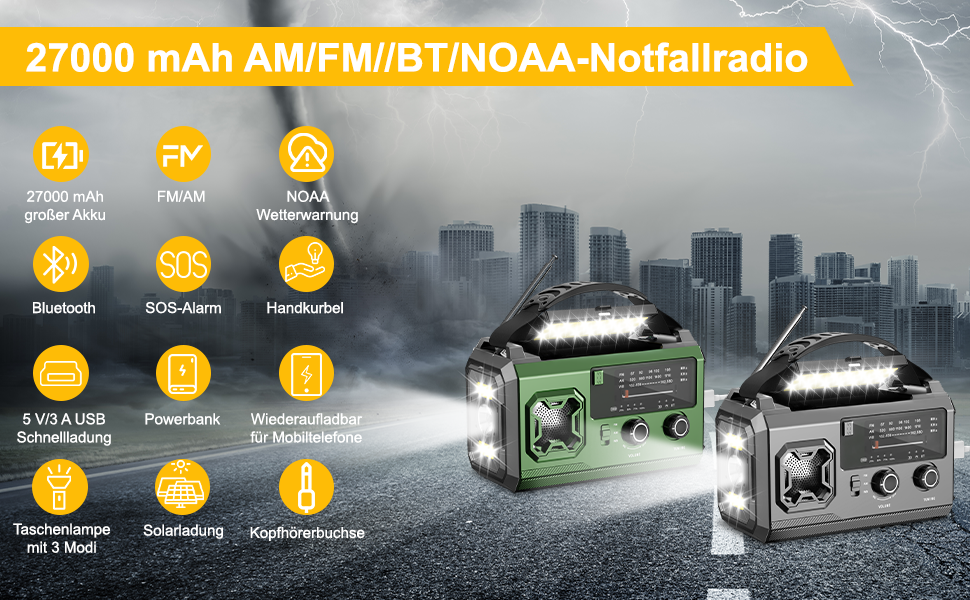 Радіо Kurbelradio на сонячній батареї 27000mAh з Bluetooth, FM/AM, SOS-сигналом, ліхтариком та компасом для кемпінгу та надзвичайних ситуацій, армійсько-зелений колір