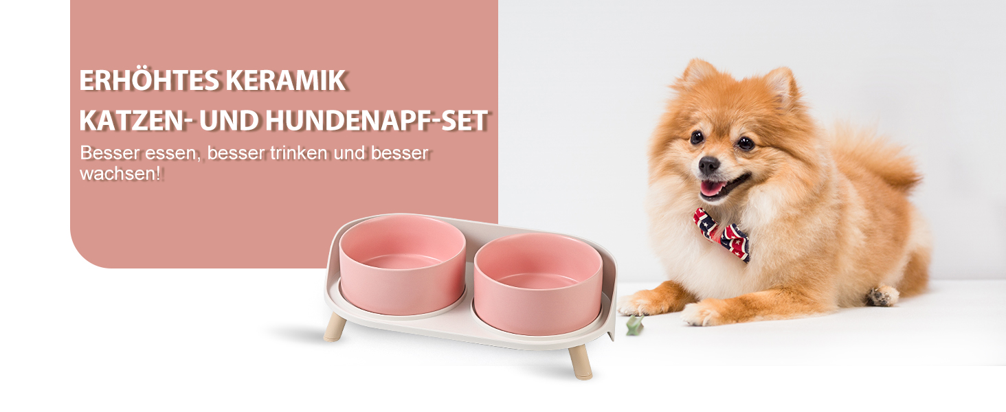 Набір мисок для собак з кераміки - 2 шт. з антиковзним підставкою - годівниця для собак та котів, рожевий колір