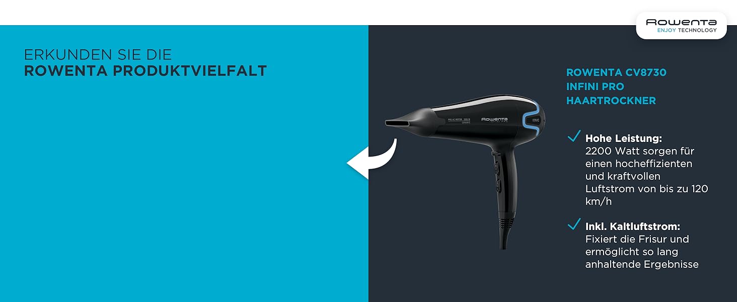 Фен Rowenta CV6030 Haartrockner Eco Intelligence Instant Dry з технологією Air Booster | 1500 Вт, 3 температури, 2 швидкості, холодне повітря, чорний