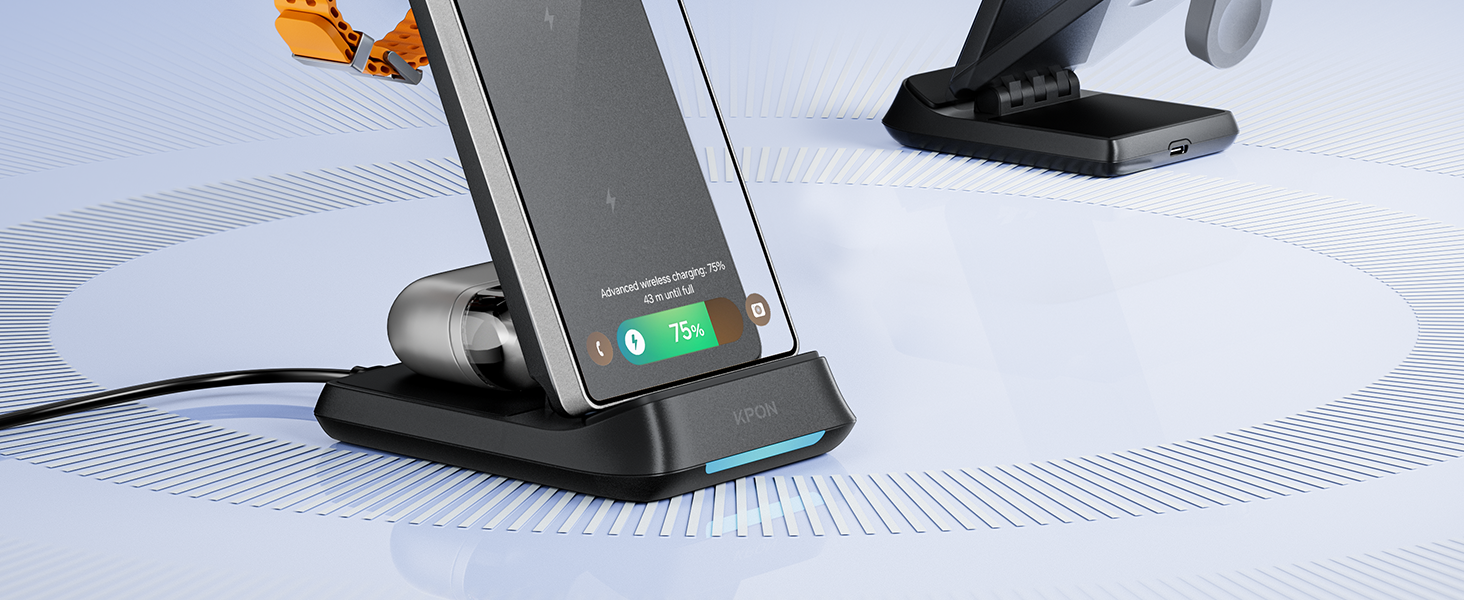 Бездротова зарядна станція 3-в-1 KPON для Samsung Galaxy Watch та смартфонів (S26/S25/S24/S23/S22/Z Flip/Fold, Buds) - Чорна, складна, індуктивне заряджання