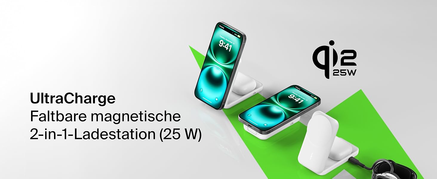 Беспроводная зарядка Belkin UltraCharge Qi 2.2 2-в-1 25W MagSafe сумісна для iPhone 17, iPhone Air, AirPods, Pixel – біла з USB-C адаптером 45W
