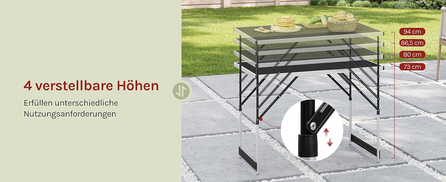 Стіл для кемпінгу та відпочинку Woltu: розкладний, регульований, 100x60 см, алюміній та MDF (Чорний)