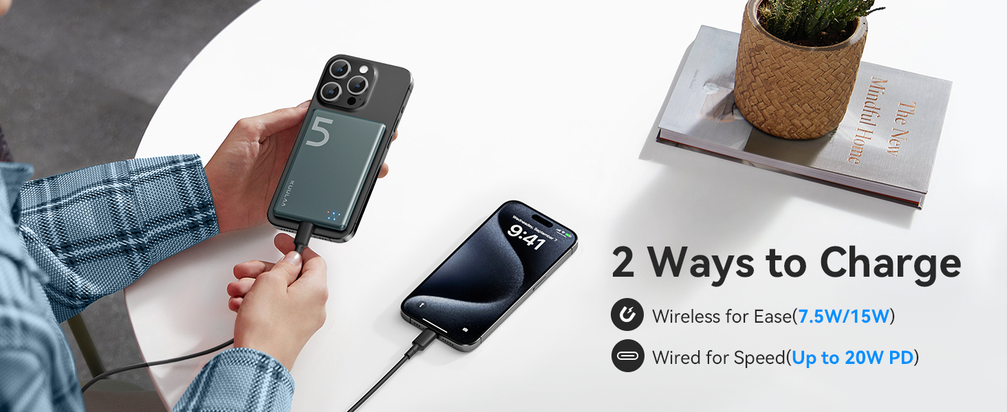 Power Bank Kuulaa Ultra Slim Magsafe, 5000mAh, Бездротова зарядка, Type-C, 20W, для iPhone 15/14/13/12, Space Gray