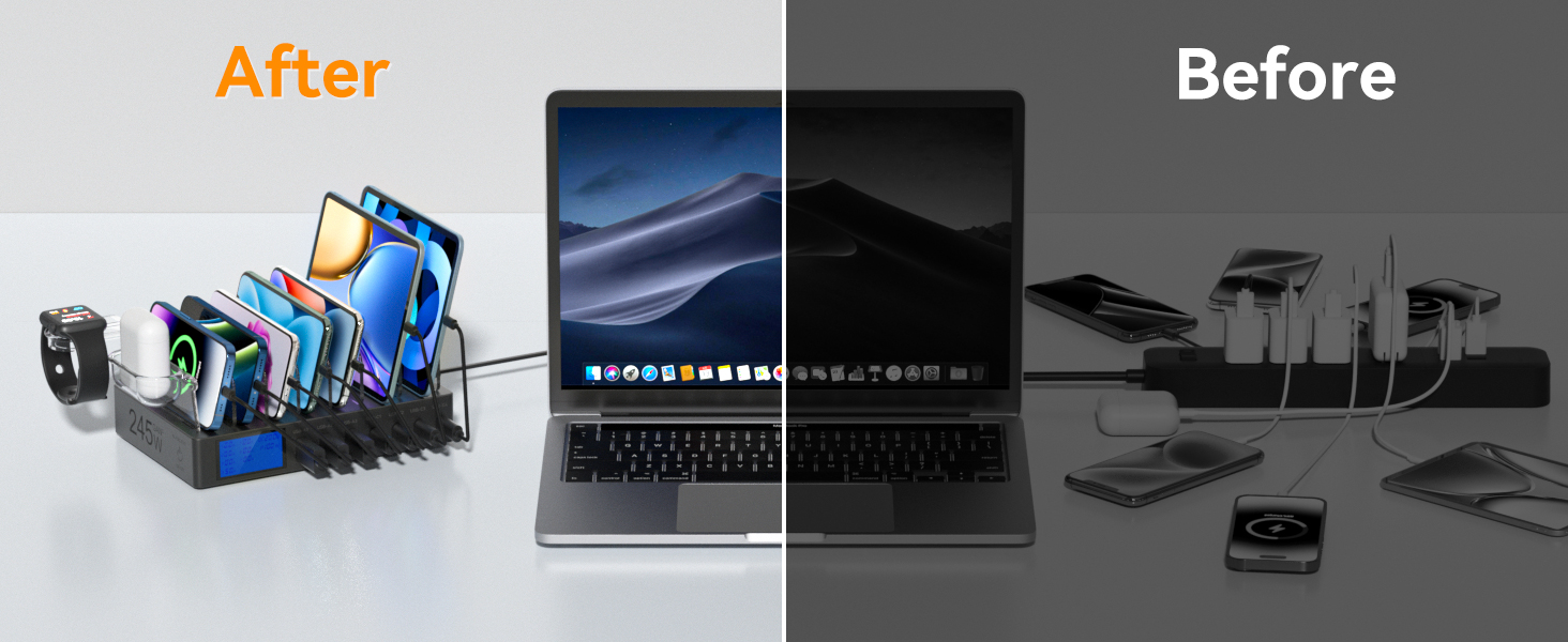 Зарядна станція 245W для декількох пристроїв, 7 портів USB, LCD-дисплей, кабель 7 шт. + тримач для iWatch, для iPhone, планшетів та іншої електроніки - чорна