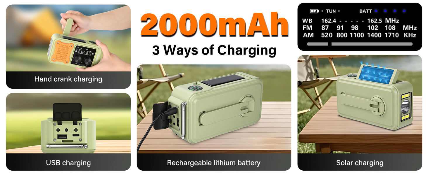 Радіо на механічній ручці Diymore 2000mAh з сонячною панеллю, FM/AM/WB, Power Bank, LED ліхтарик для кемпінгу, SOS сигнал, компас. Радіоприймач для екстрених ситуацій та відпочинку на природі, чорний