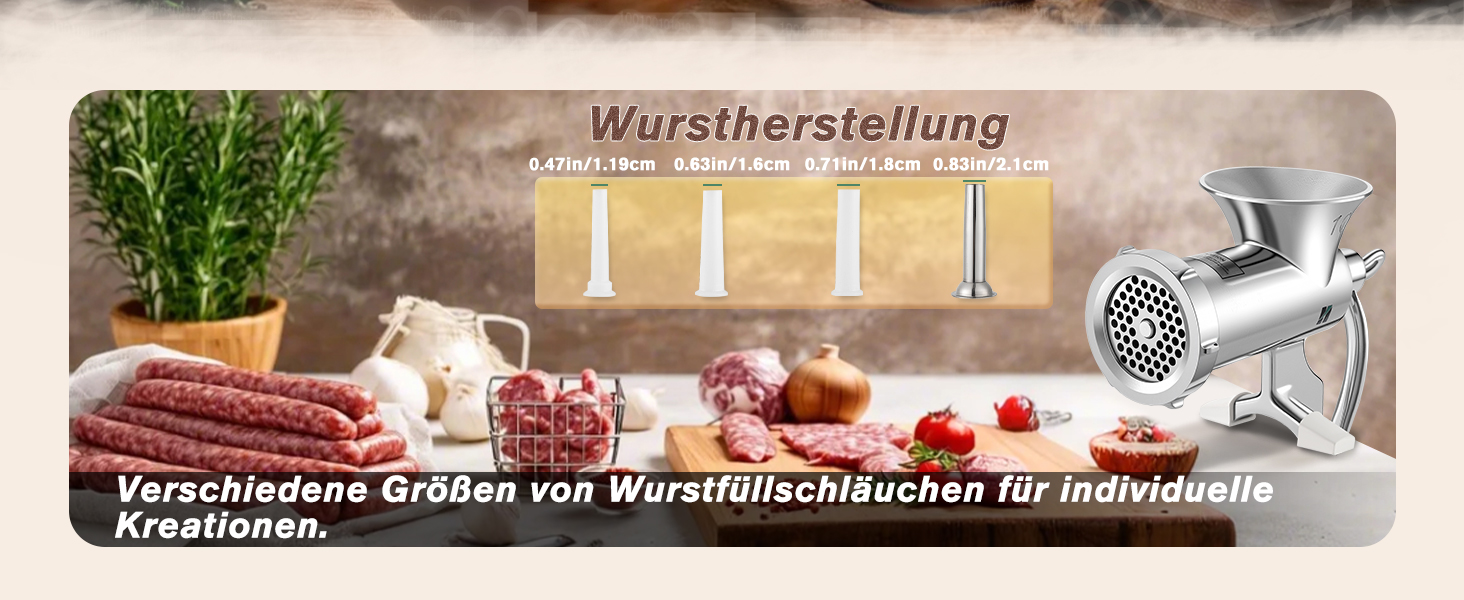 М'ясорубка ручна Huanyu з нержавіючої сталі, насадки для ковбас та печива, миється в посудомийній машині (№8, №10)