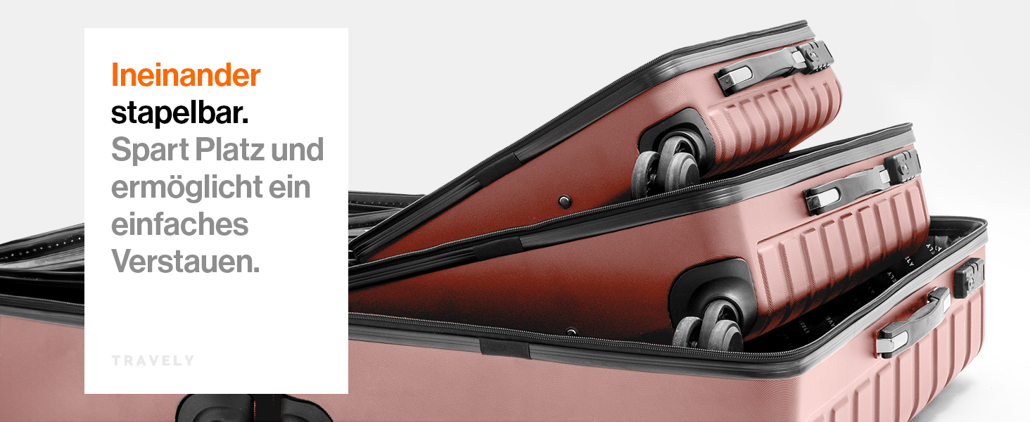 Набір валіз Travely з полікарбонату: 77см, 67см, ручна поклажа, TSA-замок, рожеве золото