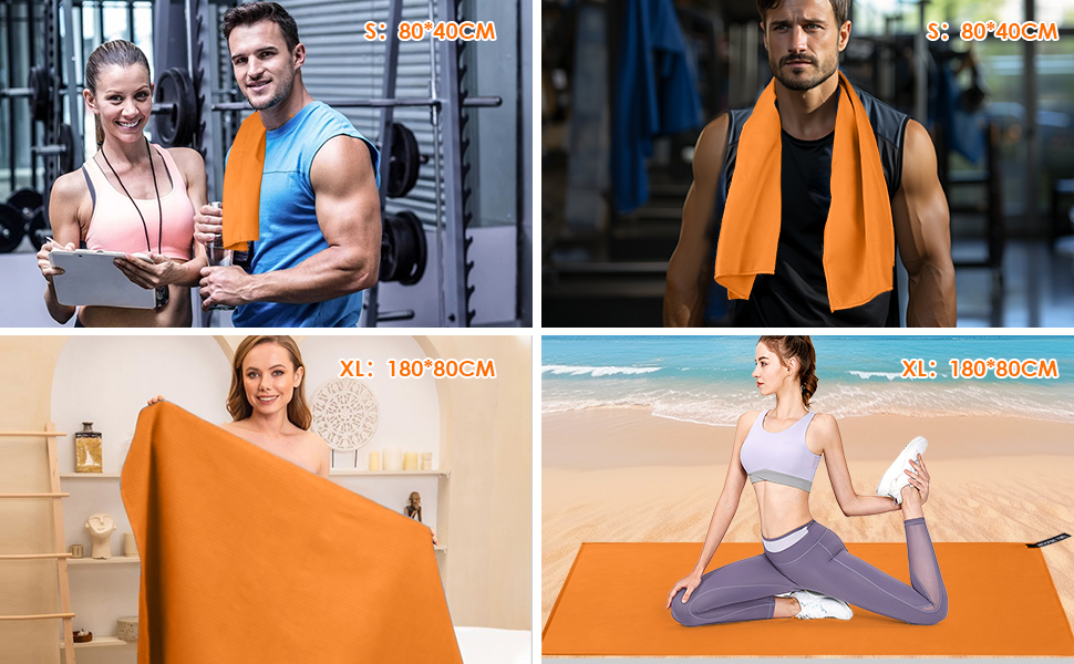 Набір з 3 рушників з мікрофібри, 180x80 см + 2 рушники 80x40 см, для фітнесу, сауни, пляжу, подорожей, темно-зелений (оранжевий)