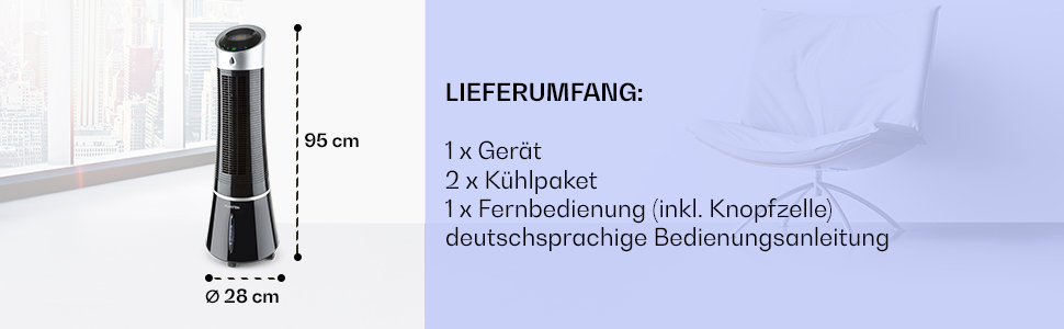Кларуштейн Охолоджувач повітря Klarstein Skyscraper Ice, 5-в-1: охолоджувач, зволожувач, вентилятор, очищувач повітря, нічний режим, 45 Вт, 180 м³/год, 6 л, чорний