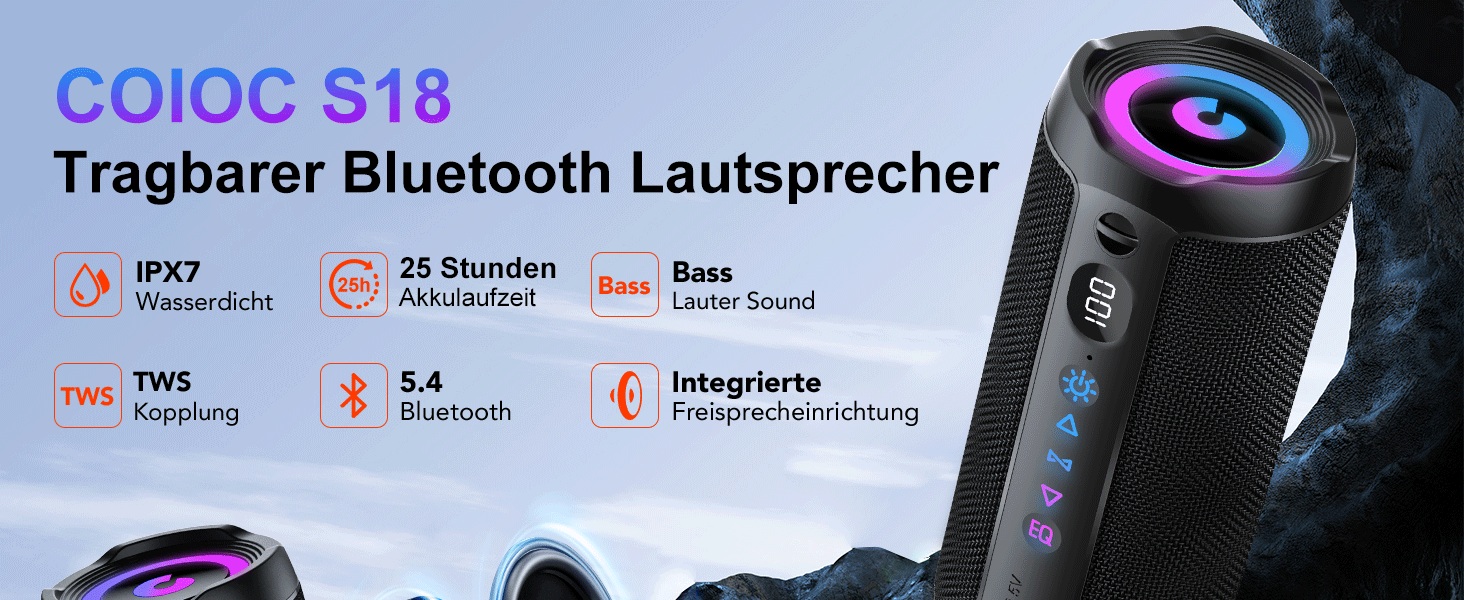 Портативна Bluetooth колонка COIOC з підсвіткою, 30W, IPX7, 30 годин, AUX, TF карта - Чорна