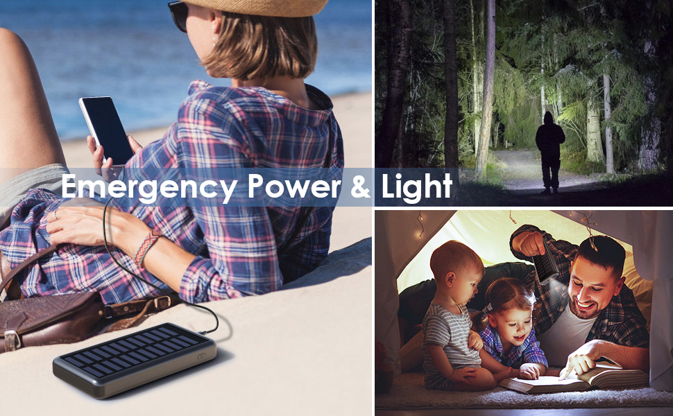 Power Bank 26800mAh USB-C Solar Powerbank PD 3.0A, Водонепроникний акумулятор з LED ліхтариком для iPhone/Samsung та кемпінгу, Чорний