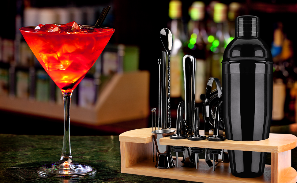 Stainless Steel Cocktail Mix Set - 14 Piece Bartender Kit with Bamboo Stand - 750ml Cocktail Shaker Set - Perfect Gift