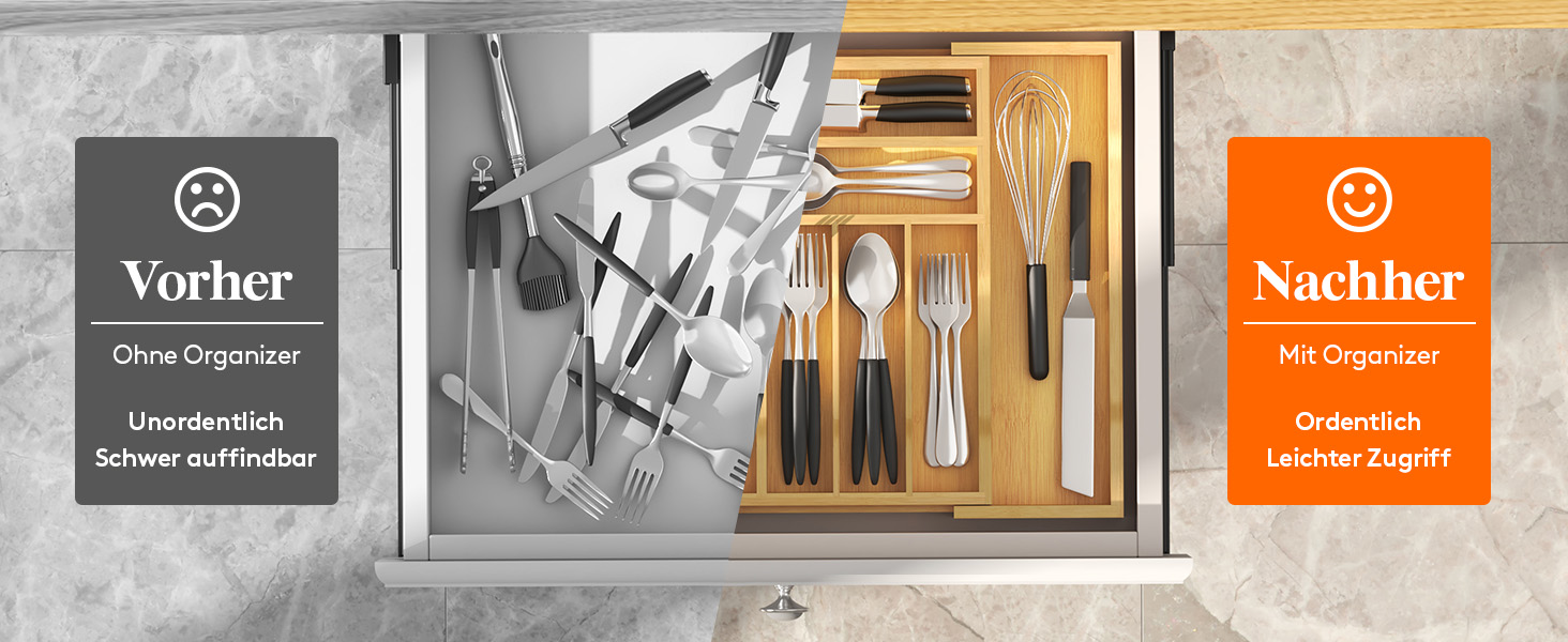 Органайзер для столових приборів Lifewit в шухляду, бамбуковий, 38 см (27-46 см) - розсувний лоток для кухні