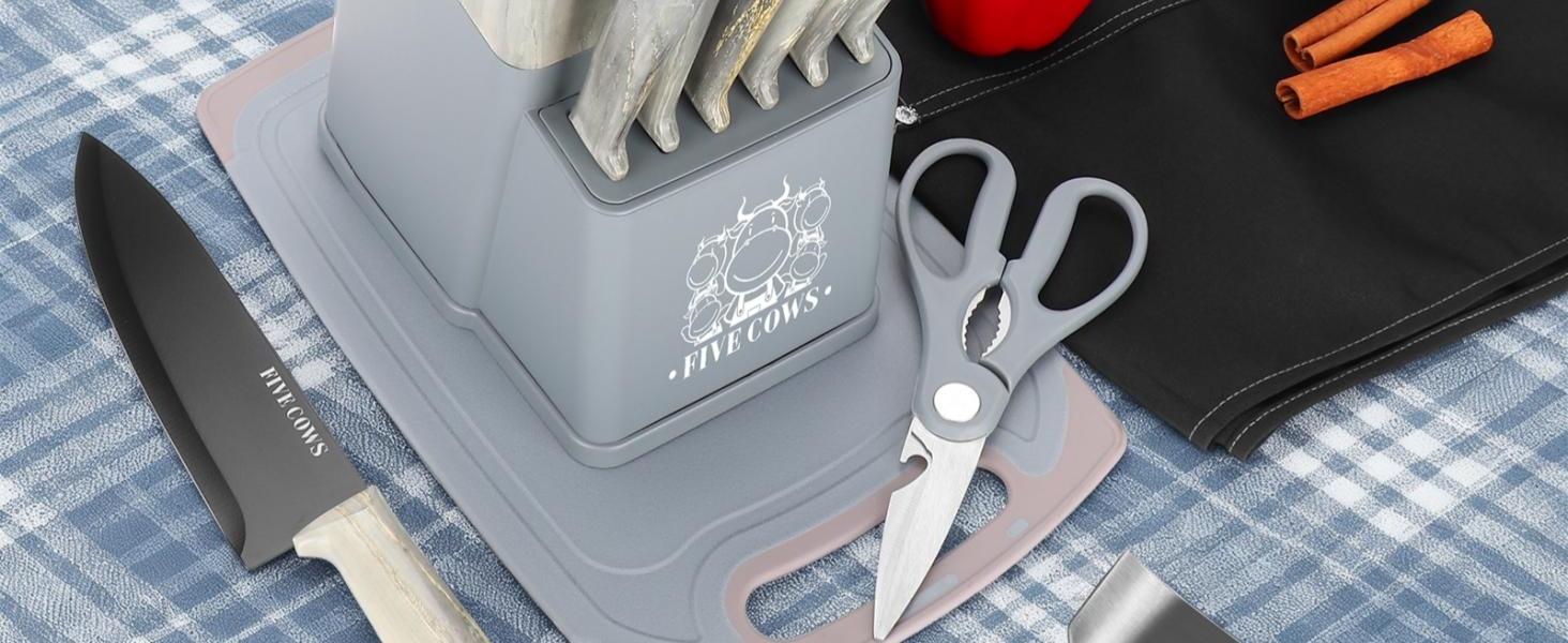 Набір кухонних ножів Messerblock з 16 частинами, з дерев'яною підставкою, дощечкою, захистом пальців, точилкою та кухонними ножицями, професійний набір ножів для дому (зелений, блакитний)