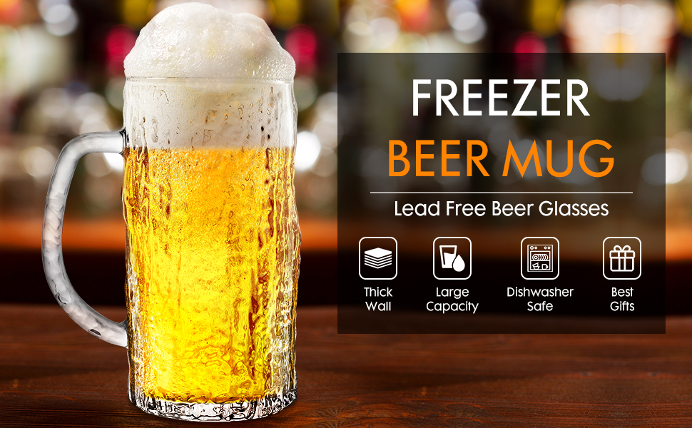 Набір з 2 скляних кружок для пива на 0,58 літра (490 мл) з ручкою, для морозильної камери, ретро стиль, подарунок для чоловіків