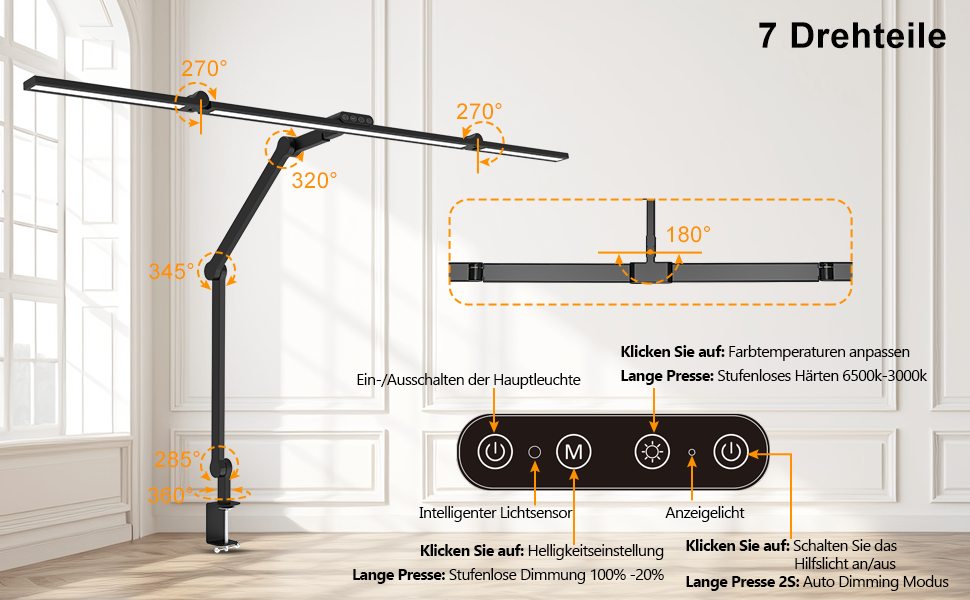 LED настільна лампа EPABINA 3000 люменів з кліпсою, 36W, диммування, денне світло, поворотна, для монітора 120 см, автоматичне підсвічування столу, для малювання