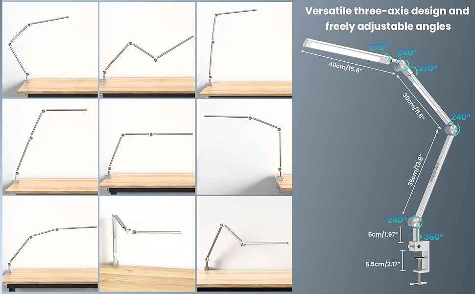 LED лампа для столу VERSKI 18W з регулюванням яскравості та 5 колірними температурами. Захист очей, для офісу та дому. Кріпиться на стіл.