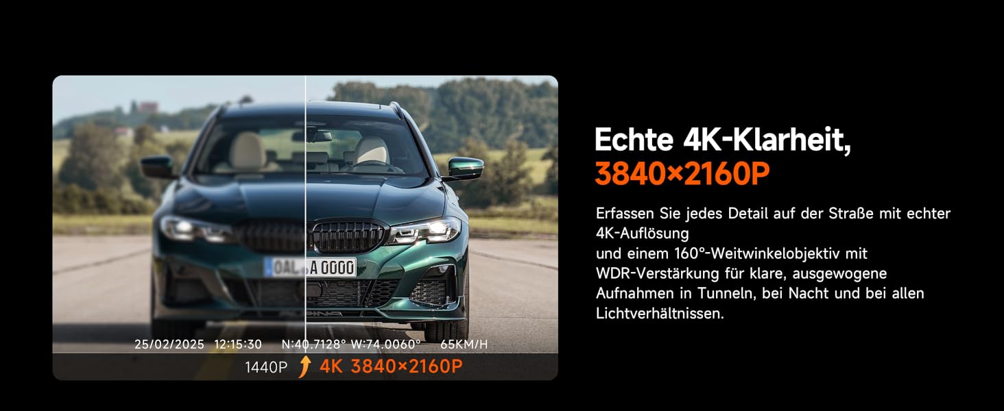 Відеореєстратор E-YEEGER Dashcam Auto 345° Panorama 4K+2.5K з GPS, WiFi, HDR, Нічне бачення, Паркувальний режим, Loop-запис, SD-карта 64GB