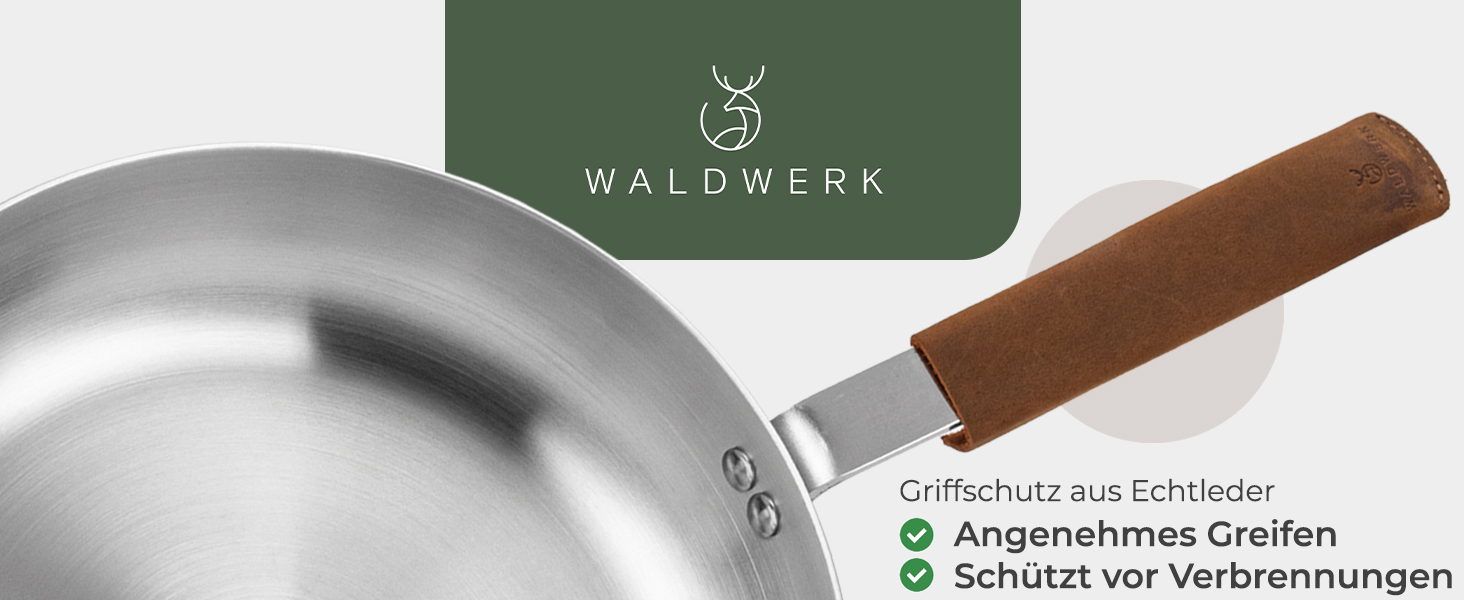 Сковорода нержавіюча WALDWERK 28 см індукційна, жароміцна - без покриття, з шкіряною ручкою